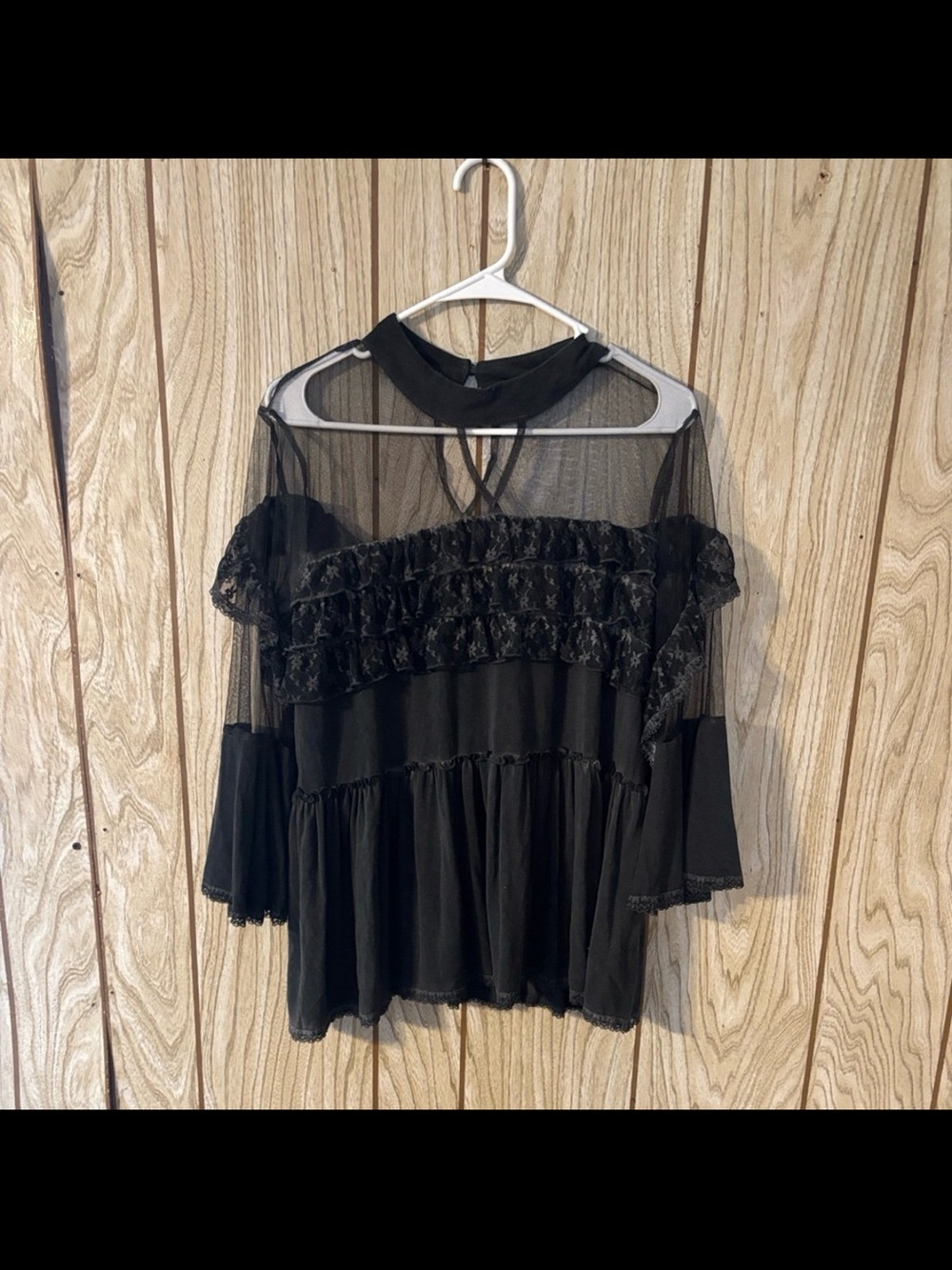 Saks Potts Black Sheer Lace Ruffle Peasant Blouse